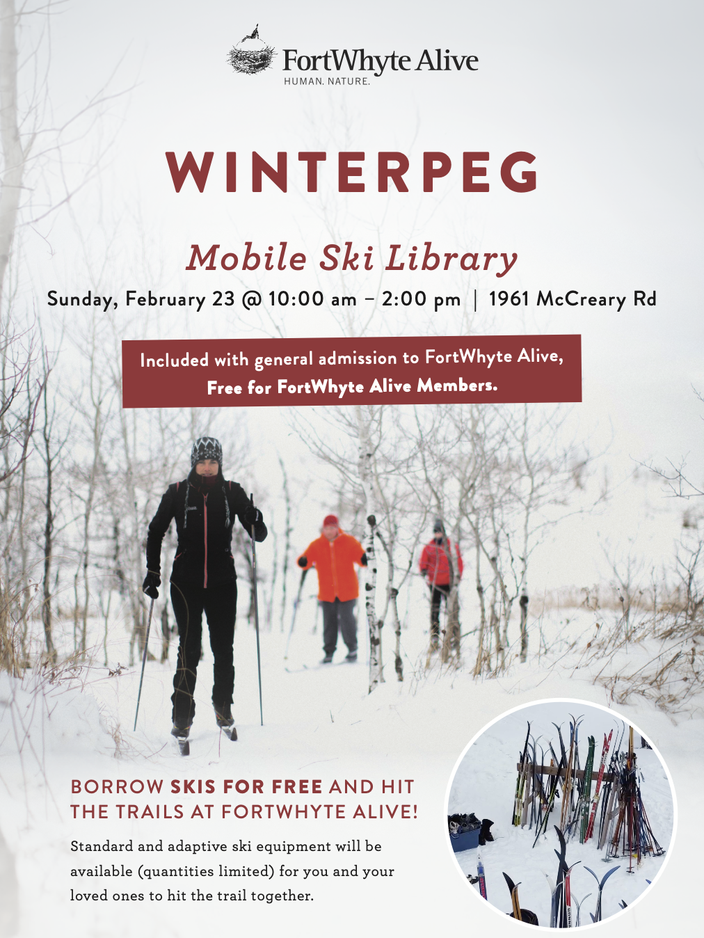 Poster showing 3 people skiing and information about the event on Sunday February 23 2025 (same details as on the webpage)